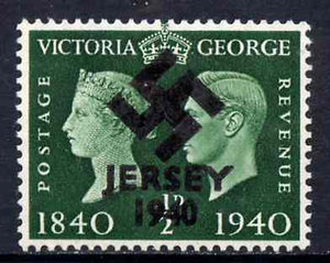 Jersey 1940 Swastika opt on Great Britain KG6 Centenary 1/2d produced during the German Occupation but unissued due to local feelings. This is a copy of the overprint on a genuine stamp with forgery handstamped on the back, unmoun……Details Below