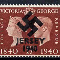 Jersey 1940 Swastika opt on Great Britain KG6 Centenary 1.5d produced during the German Occupation but unissued due to local feelings. This is a copy of the overprint on a genuine stamp with forgery handstamped on the back, unmoun……Details Below