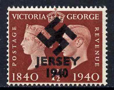 Jersey 1940 Swastika opt on Great Britain KG6 Centenary 1.5d produced during the German Occupation but unissued due to local feelings. This is a copy of the overprint on a genuine stamp with forgery handstamped on the back, unmoun……Details Below