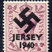 Jersey 1940 Swastika opt on Great Britain KG6 6d purple produced during the German Occupation but unissued due to local feelings. This is a copy of the overprint on a genuine stamp with forgery handstamped on the back, unmounted m……Details Below