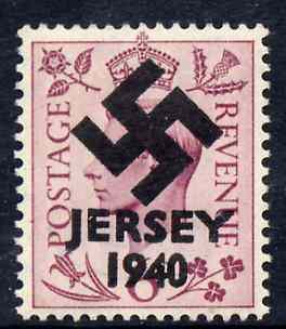 Jersey 1940 Swastika opt on Great Britain KG6 6d purple produced during the German Occupation but unissued due to local feelings. This is a copy of the overprint on a genuine stamp with forgery handstamped on the back, unmounted m……Details Below