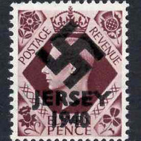 Jersey 1940 Swastika opt on Great Britain KG6 11d plum - a copy of the overprint on a genuine stamp with forgery handstamped on the back, unmounted mint in presentation folder.,Note this value was not available in 1940 but is incl……Details Below