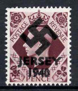 Jersey 1940 Swastika opt on Great Britain KG6 11d plum - a copy of the overprint on a genuine stamp with forgery handstamped on the back, unmounted mint in presentation folder.,Note this value was not available in 1940 but is incl……Details Below