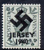 Jersey 1940 Swastika opt on Great Britain KG6 4d grey-green produced during the German Occupation but unissued due to local feelings. This is a copy of the overprint on a genuine stamp with forgery handstamped on the back, unmount……Details Below