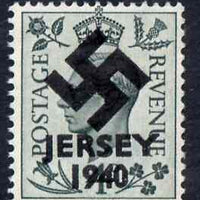 Jersey 1940 Swastika opt on Great Britain KG6 4d grey-green produced during the German Occupation but unissued due to local feelings. This is a copy of the overprint on a genuine stamp with forgery handstamped on the back, unmount……Details Below