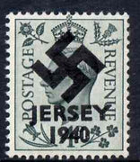 Jersey 1940 Swastika opt on Great Britain KG6 4d grey-green produced during the German Occupation but unissued due to local feelings. This is a copy of the overprint on a genuine stamp with forgery handstamped on the back, unmount……Details Below