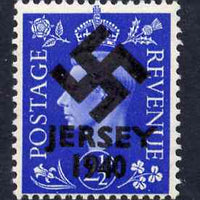 Jersey 1940 Swastika opt on Great Britain KG6 2.5d ultramarine produced during the German Occupation but unissued due to local feelings. This is a copy of the overprint on a genuine stamp with forgery handstamped on the back, unmo……Details Below