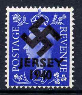 Jersey 1940 Swastika opt on Great Britain KG6 2.5d ultramarine produced during the German Occupation but unissued due to local feelings. This is a copy of the overprint on a genuine stamp with forgery handstamped on the back, unmo……Details Below