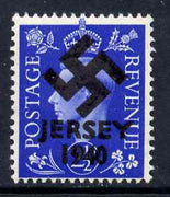 Jersey 1940 Swastika opt on Great Britain KG6 2.5d ultramarine produced during the German Occupation but unissued due to local feelings. This is a copy of the overprint on a genuine stamp with forgery handstamped on the back, unmo……Details Below