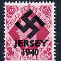 Jersey 1940 Swastika opt on Great Britain KG6 8d brt carmine produced during the German Occupation but unissued due to local feelings. This is a copy of the overprint on a genuine stamp with forgery handstamped on the back, unmoun……Details Below