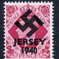 Jersey 1940 Swastika opt on Great Britain KG6 8d brt carmine produced during the German Occupation but unissued due to local feelings. This is a copy of the overprint on a genuine stamp with forgery handstamped on the back, unmoun……Details Below