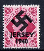 Jersey 1940 Swastika opt on Great Britain KG6 8d brt carmine produced during the German Occupation but unissued due to local feelings. This is a copy of the overprint on a genuine stamp with forgery handstamped on the back, unmoun……Details Below