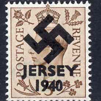 Jersey 1940 Swastika opt on Great Britain KG6 5d brown produced during the German Occupation but unissued due to local feelings. This is a copy of the overprint on a genuine stamp with forgery handstamped on the back, unmounted mi……Details Below