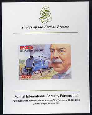 St Vincent - Bequia 1986 Locomotives & Engineers (Leaders of the World) $2.50 (Sir Nigel Gresley & Mallard) imperf proof mounted on Format International proof card