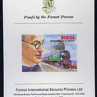 St Vincent - Bequia 1986 Locomotives & Engineers (Leaders of the World) $4.00 (Oliver Bullied & Battle of Britain Class) imperf proof mounted on Format International proof card