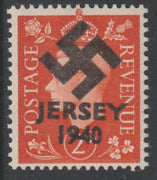 Jersey 1940 Swastika opt on Great Britain KG6 2d orange produced during the German Occupation but unissued due to local feelings. This is a copy of the overprint on a genuine stamp with forgery handstamped on the back, unmounted m……Details Below