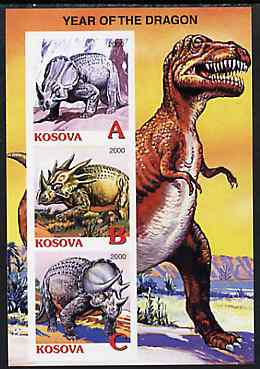 Kosova 2000 Dinosaurs (Year of the Dragon) imperf sheetlet containing set of 3 values unmounted mint