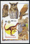 Benin 2005 Dinosaurs #04 - Sinosauropteryx imperf m/sheet with Scout & Rotary Logos, background shows various Owls unmounted mint