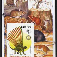 Benin 2005 Dinosaurs #07 - Longisquama imperf m/sheet with Scout & Rotary Logos, background shows various Rodents unmounted mint