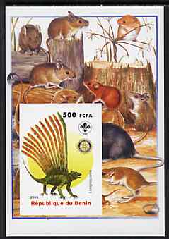 Benin 2005 Dinosaurs #07 - Longisquama imperf m/sheet with Scout & Rotary Logos, background shows various Rodents unmounted mint
