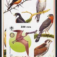 Benin 2005 Dinosaurs #10 - Pterodaustro imperf m/sheet with Scout & Rotary Logos, background shows various Birds of Prey unmounted mint
