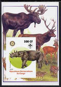 Congo 2005 Dinosaurs #03 - Eobasileus imperf m/sheet with Scout & Rotary Logos, background shows various Deer unmounted mint