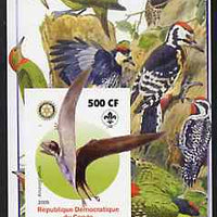 Congo 2005 Dinosaurs #05 - Anurognathus imperf m/sheet with Scout & Rotary Logos, background shows various Woodpeckers unmounted mint