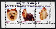 Kuril Islands 1999 Philex France Stamp Exhibition - Dogs #04 (Yorkshire Terrier) perf sheetlet containing 3 values unmounted mint