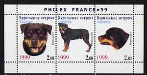 Kuril Islands 1999 Philex France Stamp Exhibition - Dogs #14 (Rottweiler) perf sheetlet containing 3 values unmounted mint