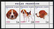 Kuril Islands 1999 Philex France Stamp Exhibition - Dogs #16 (Beagle) perf sheetlet containing 3 values unmounted mint