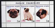 Kuril Islands 1999 Philex France Stamp Exhibition - Dogs #17 (Pug) perf sheetlet containing 3 values unmounted mint