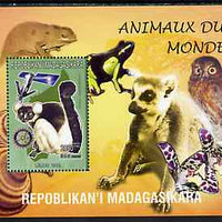 Madagascar 1999 Animals of the World #12 perf m/sheet showing Lemur #6 with Rotary Logo, background shows Owl, Fungi, Frog & Orchid, unmounted mint
