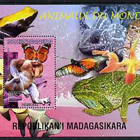 Madagascar 1999 Animals of the World #03 perf m/sheet showing Baboon, background shows Frog, Owl, Butterfly, Chameleon & Orchid, unmounted mint
