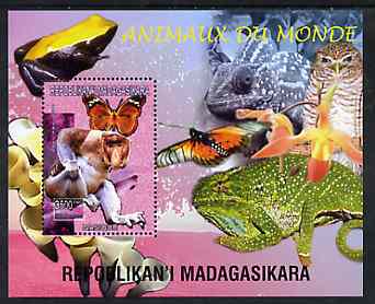 Madagascar 1999 Animals of the World #03 perf m/sheet showing Baboon, background shows Frog, Owl, Butterfly, Chameleon & Orchid, unmounted mint