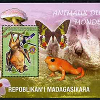 Madagascar 1999 Animals of the World #17 perf m/sheet showing Rousette Bat with Lions Int Logo, background shows Frog, Butterfly, Reptile, Fungi & Orchid, unmounted mint