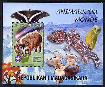 Madagascar 1999 Animals of the World #15 perf m/sheet showing Bush Pig with Scout Logo, background shows Owl, Butterfly, Reptile, Fungi & Orchid, unmounted mint