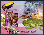 Madagascar 1999 Animals of the World #02 perf m/sheet showing Lemur #1, background shows Frog, Owl, Butterfly, Chameleon & Orchid, unmounted mint