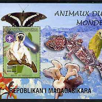 Madagascar 1999 Animals of the World #06 perf m/sheet showing Sifaka with Scout Logo, background shows Owl, Butterfly, Reptile, Fungi & Orchid, unmounted mint