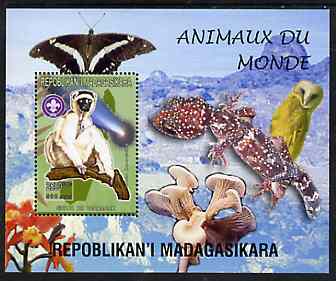 Madagascar 1999 Animals of the World #06 perf m/sheet showing Sifaka with Scout Logo, background shows Owl, Butterfly, Reptile, Fungi & Orchid, unmounted mint