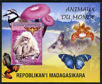 Madagascar 1999 Animals of the World #04 perf m/sheet showing Gibbon Monkey, background shows Frog, Bird, Butterfly, Fungi & Orchid, unmounted mint