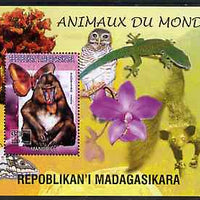 Madagascar 1999 Animals of the World #13 perf m/sheet showing Mandril Monkey, background shows Owl, Butterfly, Lizard & Orchid, unmounted mint