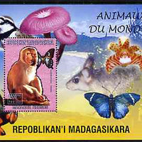 Madagascar 1999 Animals of the World #05 perf m/sheet showing Rhesus Macaque Monkey, background shows Frog, Bird, Butterfly, Fungi & Orchid, unmounted mint