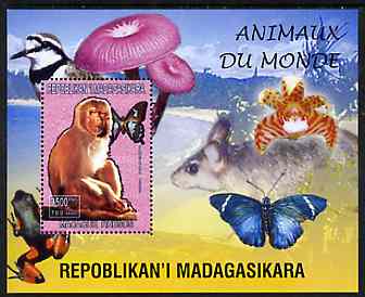 Madagascar 1999 Animals of the World #05 perf m/sheet showing Rhesus Macaque Monkey, background shows Frog, Bird, Butterfly, Fungi & Orchid, unmounted mint