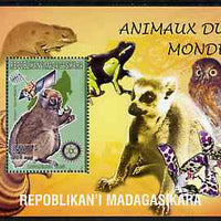 Madagascar 1999 Animals of the World #11 perf m/sheet showing Lemur #5 with Rotary Logo, background shows Owl, Fungi, Frog & Orchid, unmounted mint