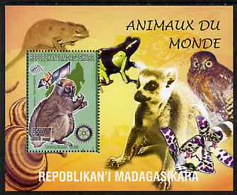 Madagascar 1999 Animals of the World #11 perf m/sheet showing Lemur #5 with Rotary Logo, background shows Owl, Fungi, Frog & Orchid, unmounted mint