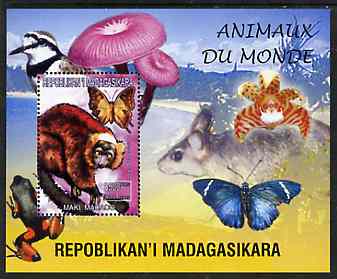 Madagascar 1999 Animals of the World #14 perf m/sheet showing Lemur #7, background shows Frog, Bird, Butterfly, Fungi & Orchid, unmounted mint