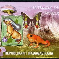 Madagascar 1999 Animals of the World #16 perf m/sheet showing Euplere with Scout Logo, background shows Frog, Butterfly, Reptile, Fungi & Orchid, unmounted mint