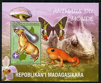 Madagascar 1999 Animals of the World #16 perf m/sheet showing Euplere with Scout Logo, background shows Frog, Butterfly, Reptile, Fungi & Orchid, unmounted mint