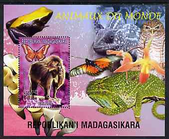 Madagascar 1999 Animals of the World #01 perf m/sheet showing Baboon, background shows Frog, Owl, Butterfly, Chameleon & Orchid, unmounted mint