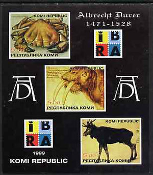 Komi Republic 1999 Albrecht Durer imperf sheetlet containing set of 3 values complete with IBRA imprint, unmounted mint (Drawings of Crab, Walrus & Elk)